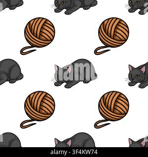 Seamless vector pattern with cute black cats and yarn balls on white background Stock Vector