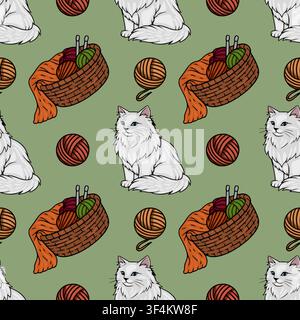 Seamless pattern with white fluffy cats and knitting baskets vector illustration Stock Vector