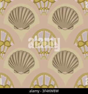 Seamless vector pattern with stylized scallop seashells in muted earth tones Stock Vector