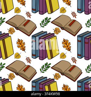 Seamless pattern with vector illustrations of stacked books and autumn leaves on white background Stock Vector