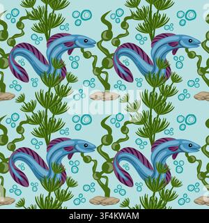 Seamless vector pattern with blue moray eels and green seaweed on a light blue background Stock Vector