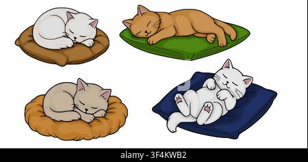 Vector illustration set of cute cats sleeping on colorful soft pillows Stock Vector