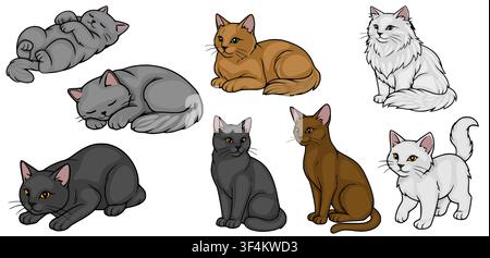 Vector illustration set of cute domestic cats in various poses and colors isolated on white background Stock Vector