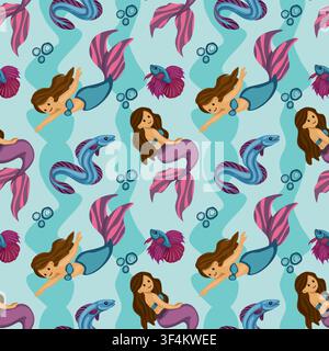 Seamless vector pattern with cute mermaids and exotic betta fish in blue water Stock Vector