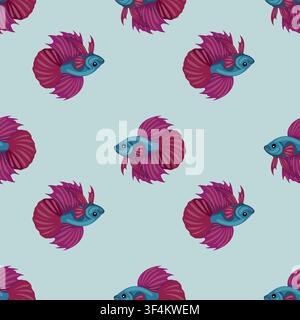 Seamless vector pattern with purple and blue betta fish on a light background Stock Vector
