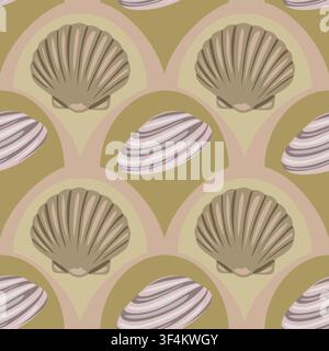Seamless vector pattern with scallop and clam shells in muted earth tones, retro coastal background Stock Vector