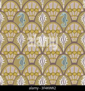 Seamless vector pattern with seahorses and seashells in organic muted tones Stock Vector