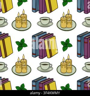Cozy Reading Seamless Vector Pattern with Books Candles and Tea Stock Vector
