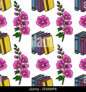 Seamless vector pattern with colorful books and blooming pink hollyhock flowers on white background Stock Vector