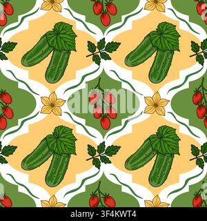 Seamless vector pattern with fresh cucumbers and cherry tomatoes on decorative geometric background Stock Vector