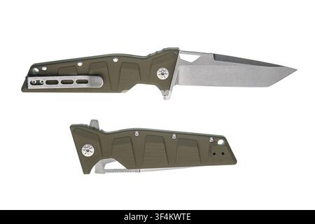 Tactical folding knife open and closed isolated on white background. Stock Photo