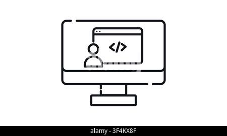 Desktop computer with user profile and web code symbol on screen vector icon. Black line art style on white background. Software development, programm Stock Vector