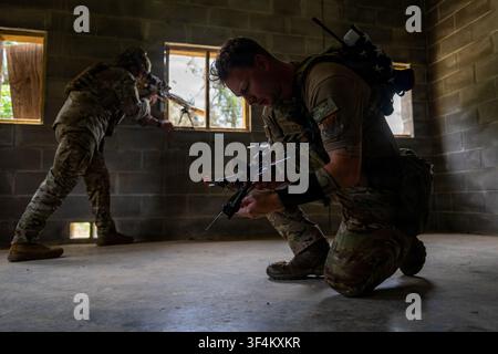 U.S. Air Force Staff Sgt. Conner Montgomery, a force production analyst with the 824th Base Defense Squadron, demonstrates the setup of a First Person View (FPV) drone at Moody Air Force Base in Georgia, on July 14, 2026, as part of Air Combat Command's 93d Air Ground Operations Wing operations. Stock Photo
