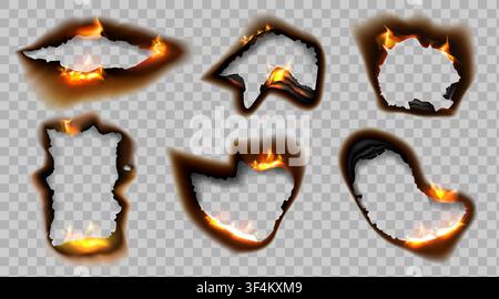 Paper burn. Circle fire burnt, flame hole or rectangle ripped frame effect. Spark edge empty border on transparent background, old oval ragged decorative sheet shapes. Vector isolated texture set Stock Vector