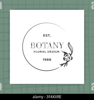 Circle flower wreath. Floral logo emblem. Minimal botanical badge with rose icon and circular wedding frame, elegant brand identity, stationery and professional graphic label. Vector isolated template Stock Vector
