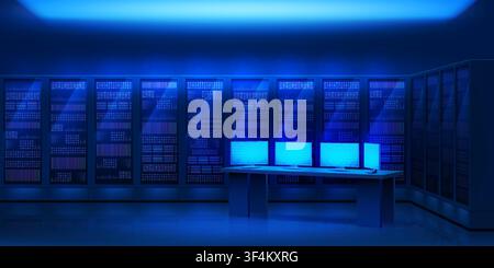 Data center. Ai server room with monitors, supercomputer blockchain control or tech computer datacenter technology. Cyber tech office. Secure network infrastructure. Vector horizontal background Stock Vector