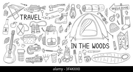 Camp icons. Doodle outdoor adventures, binoculars and bag picnic equipment for fishing, travel or climbing, hiking lifestyle, nature adventures. Tent, backpack and fire. Vector sketch isolated set Stock Vector