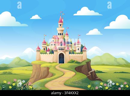 Medieval background. Fantasy kingdom, fairytale cloud on magic hill, old king road in mountains. Castle landscape. Fortress on hill with towers. Vector scene cartoon flat style isolated illustration Stock Vector