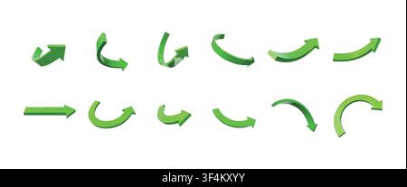 3d green arrow. Straight up infographic line, bent guide indicator or volumetric down set. Circular or zigzag growth. Directional pointers in different turns and rotations, vector isolated icons set Stock Vector