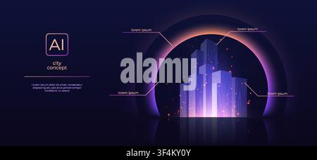 Ai city. 3d building infrastructure, virtual finance future or business graphic. House on platform, skyline. Futuristic web banner design. Glowing abstract skyscrapers. Cityscape vector graphics Stock Vector