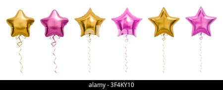3d star balloon. Gold birthday ballon, golden happy baby foil with realistic string. Metallic flying inflated festive celebration object, helium party decoration. Vector render isolated elements set Stock Vector