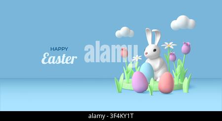 3d Easter background. Happy spring flowers, cute rabbit grass and eggs for gift sale card. Nature poster with April bunny. Traditional horizontal banner. Vector cartoon render isolated illustration Stock Vector