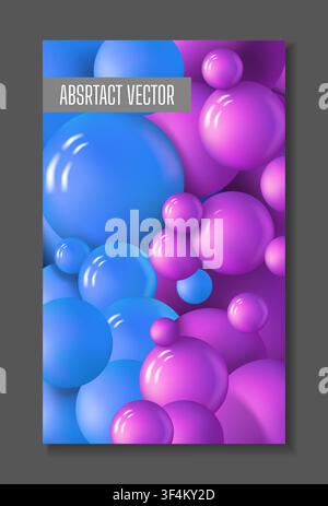 Abstract background with glossy balls. Blue and purple 3d balloon floating, colorful plastic sphere in dynamic motion, minimal geometric graphic banner. Vector isolated vertical realistic illustration Stock Vector