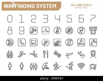 Public navigation. Wayfinding icons. Hotel building signage, hospital elevator signs for restroom, washroom system labels. Room information. Minimal line symbols. Vector isolated illustration set Stock Vector