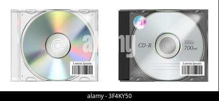 Cd case. Clear disc mockup, blank ep music box with iridescent retro album texture. Compact disc, media storage packaging, realistic plastic boxes product mockup. Vector isolated illustration set Stock Vector