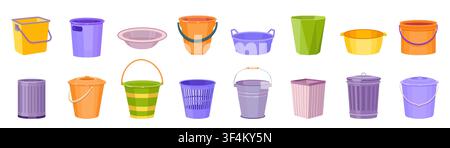 Water bucket. Plastic pail basin, empty different basket or tub. Round metal bin, laundry washbowl. Bowl for clothes. Housekeeping tanks. Washing equipment. Vector cartoon flat style isolated set Stock Vector