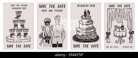 Wine in hand. Cocktail drink party, hand drawn hold champagne glass. Vintage toast sketch, man with woman and alcohol. Wedding posters and prints. Hand drawn templates. Vector save the date cards set Stock Vector