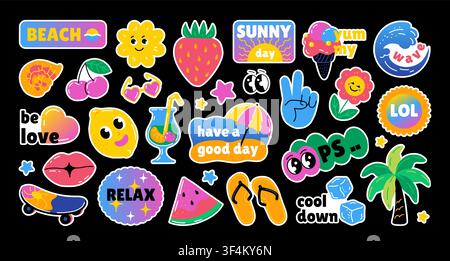 Fun summer shapes. Retro smile sticker, happy Y2K face emoji for cool doodle modern label. Funny characters playful seasonal graphic icons elements. Vector graphic cartoon flat style isolated set Stock Vector
