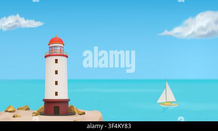 3d light house. Lighthouse on beach, yacht or boat on island. Maritime sea tower render with windows. Ocean travel. Marine background, summer horizon. Vector isolated minimal seascape illustration Stock Vector