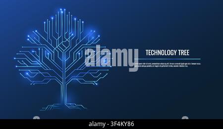 Technology tree. Root tech circuit board, abstract network art or futuristic computer line chip. Business future. Blockchain electronic symbol, vector neon glow background with copy space for text Stock Vector