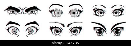 Manga girl set. Japanese eye character, japan graphic face art or kawaii print in comic style. Female woman drawing. Stylized manga emotions and makeup details, Vector cartoon isolated illustration Stock Vector