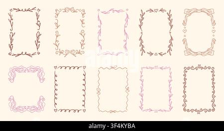Wedding border. Hand drawn line ornament, simple cute decor for love card or classic celebration layout. Elegant design elements for invitations. Decorative hand drawn frame set. Vector collection Stock Vector
