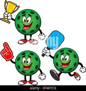 Pickleball Mascot Set 03, Hand Drawn illustrations of Pickleball Mascots in various poses. Stock Vector