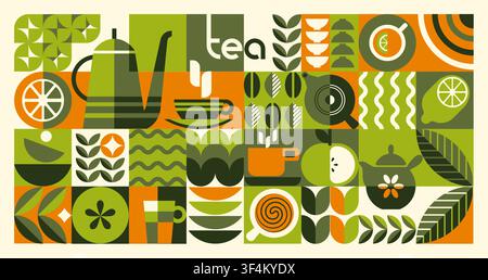 Tea poster. Food cup pattern, plant leaf package design or geometry drink mosaic. Green eco decorative garden. Teapot, cups, citrus and leaves, decorative background modern design. Vector illustration Stock Vector