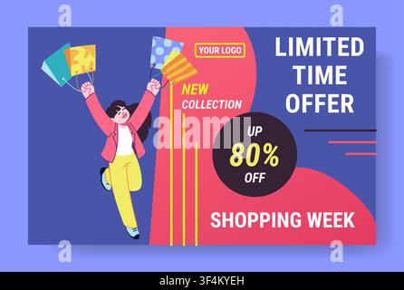 Limited time sale banner. Colorful retail promo design with shopping bags and discount, seasonal marketing, ecommerce advertising design, product promotion. Vector cartoon flat isolated illustration Stock Vector