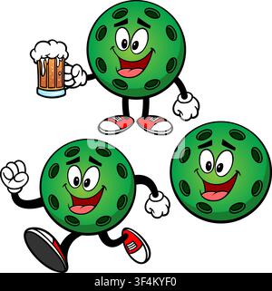 Pickleball Mascot Set 05, Hand Drawn illustrations of Pickleball Mascots in various poses. Stock Vector