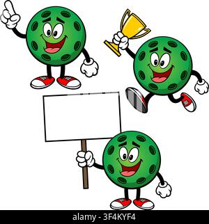 Pickleball Mascot Set 02, Hand Drawn illustrations of Pickleball Mascots in various poses. Stock Vector
