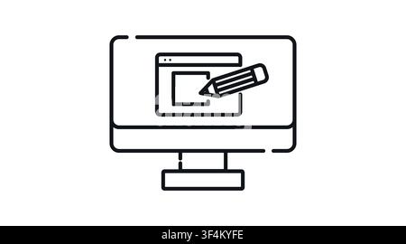Desktop computer with pencil and website symbol on screen vector icon. Black line art style on white background. Web design, UI UX development, and di Stock Vector