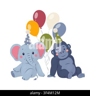 Elephant and gorilla with balloons and party hats. Vector illustration in gentle pastel flat style. Birthday animal composition for nursery cards Stock Vector