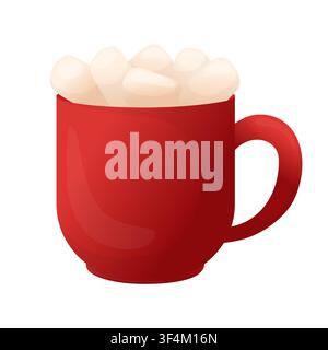 A red mug with a hot drink and marshmallows. Vector illustration in a glossy flat style for winter cafe menus, Christmas cards, packaging, stickers Stock Vector