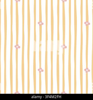 Seamless pattern with hand drawn yellow vertical stripes and small pink flowers. Cute textile texture for fabric prints, wrapping paper, stationery design and nursery wall decor. Stock Vector