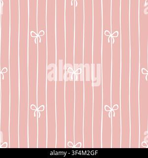 Seamless pattern with white hand-drawn bows and vertical stripes on pink background. Cute textile print for wrapping paper, nursery decor and baby clothing. Pink shower lines for baby girls Stock Vector
