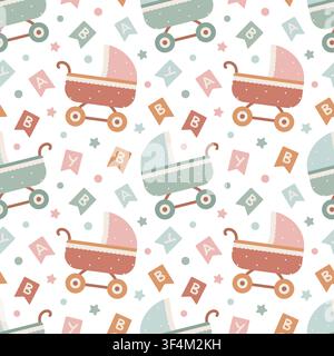 Cute seamless pattern with baby carriage and alphabet letter flag. Childish wallpaper design with pram for nursery room decoration. Textile background for newborn baby boy girl. Stock Vector