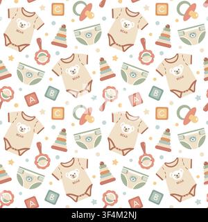 Seamless pattern with baby clothes and toys. Bodysuit with bear, diaper, rattle, pacifier, and building block. Cute background for nursery textile, wallpaper, and wrapping paper. Stock Vector