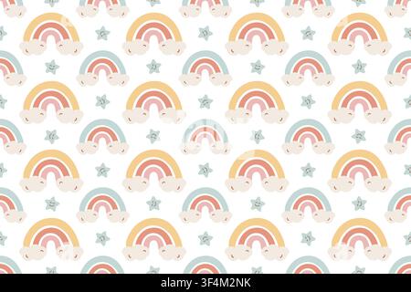 Seamless pattern with pastel rainbows, fluffy clouds and small stars. Cute children background for textile design. Decorative wallpaper element with soft colors for nursery decor motif. Stock Vector