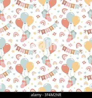 Seamless pattern with celebrate baby shower party. Cute background with balloons, bunting flags, rainbow, flower and baby socks. Childish wallpaper design for nursery textile and invitation card. Stock Vector